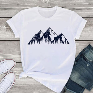 Summer T-shirt Tops Aesthetic Mountain Print Female Vintage Tshirt Woman Clothing Fashion O-neck Tee Kpop Harajuku Casual Short