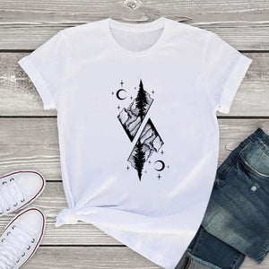 Summer T-shirt Tops Aesthetic Mountain Print Female Vintage Tshirt Woman Clothing Fashion O-neck Tee Kpop Harajuku Casual Short