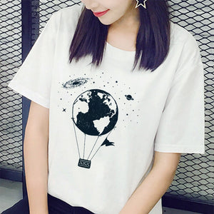Summer T-shirt Tops Aesthetic Mountain Print Female Vintage Tshirt Woman Clothing Fashion O-neck Tee Kpop Harajuku Casual Short