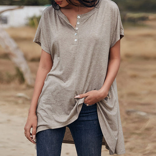 Summer T-shirt Women Solid O Neck Short Sleeve Button Up Harajuku Tops Female Casual Loose Short Sleeve t-shirts 2021 New Khaki