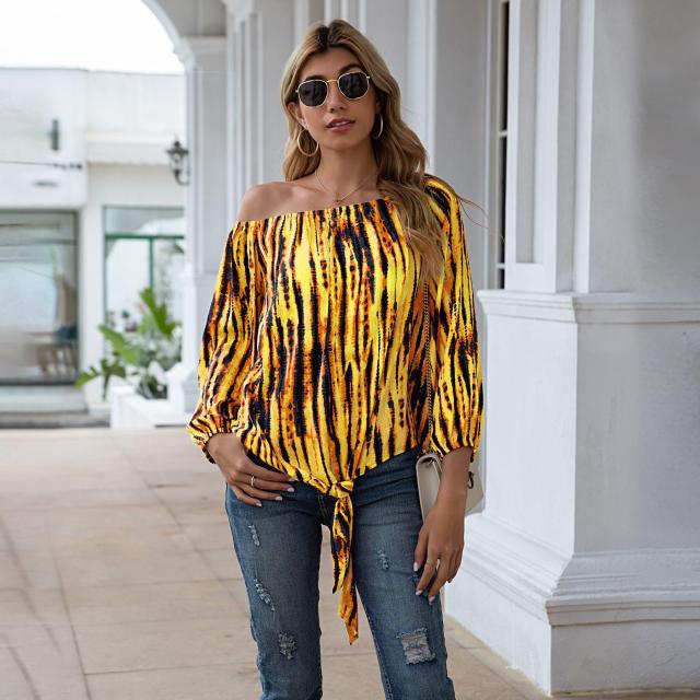 Summer Tie Dye Slash Neck Long Sleeve T Shirt Women Casual Loose Plus Size Bandage Streetwear Daily Workwear Tops