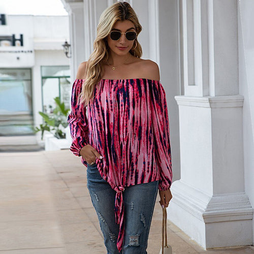 Summer Tie Dye Slash Neck Long Sleeve T Shirt Women Casual Loose Plus Size Bandage Streetwear Daily Workwear Tops