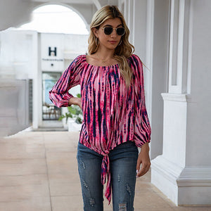 Summer Tie Dye Slash Neck Long Sleeve T Shirt Women Casual Loose Plus Size Bandage Streetwear Daily Workwear Tops