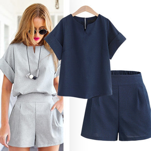 Summer Tracksuit Women Two Piece Set Cotton Linen Solid Pullover Top and Shorts Suits Office Lady Matching Sets Leisure Outfits