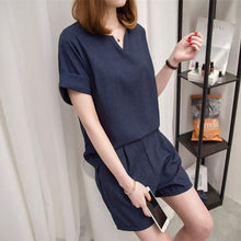 Load image into Gallery viewer, Summer Tracksuit Women Two Piece Set Cotton Linen Solid Pullover Top and Shorts Suits Office Lady Matching Sets Leisure Outfits