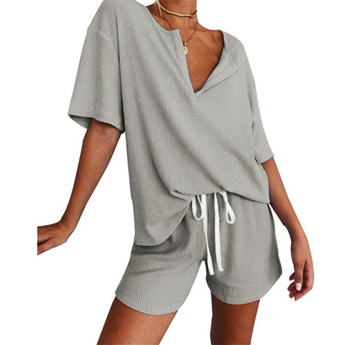Summer Tracksuit Women Two Piece Set Rib V Neck T Shirt Top and Shorts Pajamas Sets Lounge Wear Ladies Fitness Casual Homewear