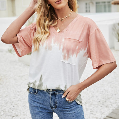 Summer Tshirts For Women Fashion Tie-Dye T-Shirt with Pocket Design Loose V-Neck Short Sleeve Tee Casual Femme Beach Tops Mujer