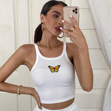 Load image into Gallery viewer, Summer Vest Tank Pure Color Halter Crop Tops Casual Sexy Butterfly Embroidered Short Slim Sleeveless White Tops