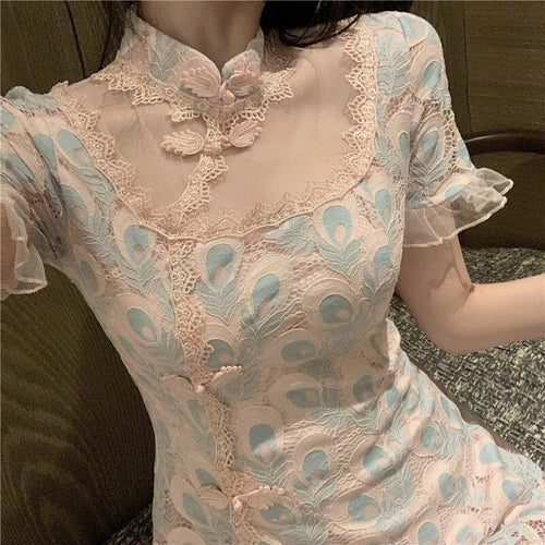 Summer Vintage Chiffon Dress for Women Elegant Pretty Party Kawaii Dress Female French Caual Lace Holiday Print Sweet Dress 2021