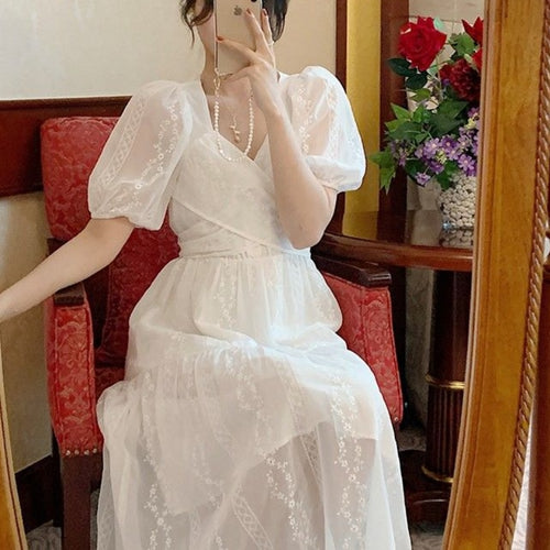 Summer Vintage Fairy White Dress Women 2021 Designer V-Neck Party Elegant Midi Dress Female Puff Sleeve Casual Sweet Dress 2021