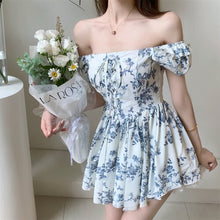 Load image into Gallery viewer, Summer Vintage Floral Dress Women Off The Should Korean Sexy Party Mini Strap Dress High Waist Lace Beach Outing Casual Sundress