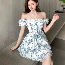 Load image into Gallery viewer, Summer Vintage Floral Dress Women Off The Should Korean Sexy Party Mini Strap Dress High Waist Lace Beach Outing Casual Sundress