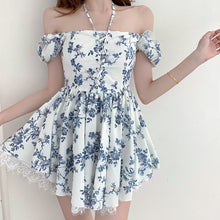 Load image into Gallery viewer, Summer Vintage Floral Dress Women Off The Should Korean Sexy Party Mini Strap Dress High Waist Lace Beach Outing Casual Sundress