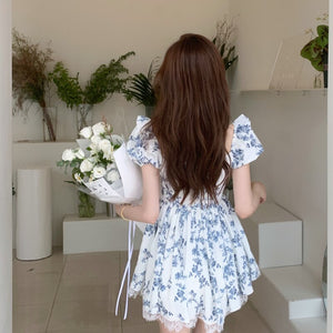 Summer Vintage Floral Dress Women Off The Should Korean Sexy Party Mini Strap Dress High Waist Lace Beach Outing Casual Sundress