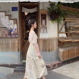 Summer Vintage Floral Dresses Women Elegant French Designer Sexy V-neck Midi Dress Casual Sweet Chiffon Beach fairy Dress 2021