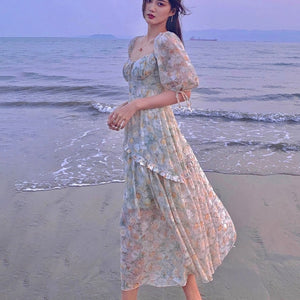Summer Vintage Floral Dresses Women Elegant French Designer Sexy V-neck Midi Dress Casual Sweet Chiffon Beach fairy Dress 2021