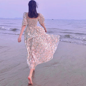 Summer Vintage Floral Dresses Women Elegant French Designer Sexy V-neck Midi Dress Casual Sweet Chiffon Beach fairy Dress 2021