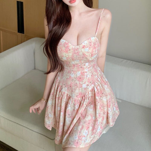Summer Vintage Floral Spaghetti Strap Dress Women Sexy V-Neck Party Sweet Mini Sundress Off The Shoulder Chic Elegant Robe 2021