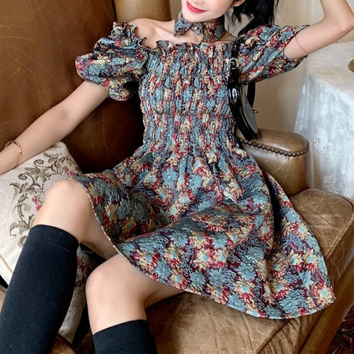 Summer Vintage Kawaii Dress Women Floral Sweet Bandage Party Mini Dress Female High Street Casual Holiday Korean Dress 2021 New