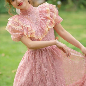 Summer Vintage Pink Lace Dress Woman Romantic French Style Puff Sleeve Retro Princess Dresses Gorgeous Robe Rose Vestido Festa