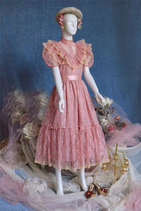 Summer Vintage Pink Lace Dress Woman Romantic French Style Puff Sleeve Retro Princess Dresses Gorgeous Robe Rose Vestido Festa