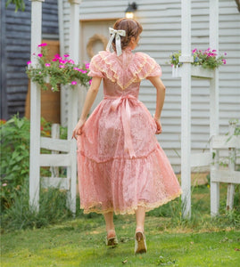 Summer Vintage Pink Lace Dress Woman Romantic French Style Puff Sleeve Retro Princess Dresses Gorgeous Robe Rose Vestido Festa