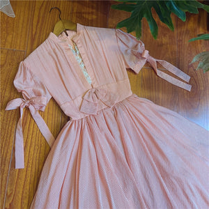Summer Vintage Pink Striped Dress Retro French Style Puff Sleeve Bow Lace Romantic Princess Dresses For Party Night Robe Rose