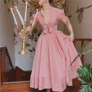 Summer Vintage Pink Striped Dress Retro French Style Puff Sleeve Bow Lace Romantic Princess Dresses For Party Night Robe Rose