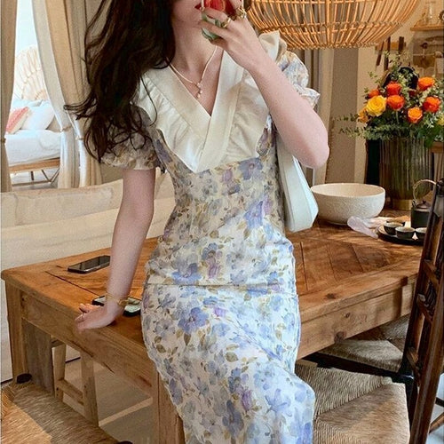 Summer Vintage Print Floral Dress Women High Waist Beach Outing Elegant Split Dress Casual Korean Party Patchwork Dress 2021