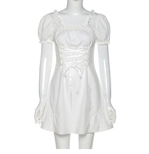 Load image into Gallery viewer, Summer White Elegant Bow Goth Sexy Mini Dress Sleeve Square Collar Lace Up Bodycon Party Dresses Boho Beach Casual Robe Sundress