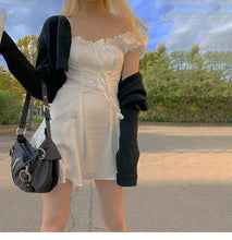 Load image into Gallery viewer, Summer White Elegant Bow Goth Sexy Mini Dress Sleeve Square Collar Lace Up Bodycon Party Dresses Boho Beach Casual Robe Sundress