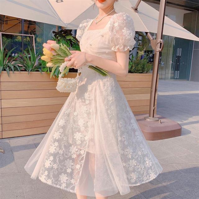 Summer White Fairy Dresses Women Elegant French Vintage Lace Sweet Midi Dress Casual Chic Short Sleeve Princess Party Dress 2021