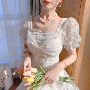 Summer White Fairy Dresses Women Elegant French Vintage Lace Sweet Midi Dress Casual Chic Short Sleeve Princess Party Dress 2021