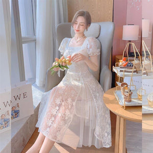 Summer White Fairy Dresses Women Elegant French Vintage Lace Sweet Midi Dress Casual Chic Short Sleeve Princess Party Dress 2021