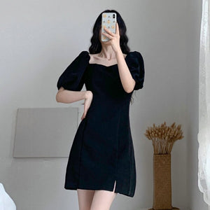 Summer Women Black Dresses Short Puff Sleeve Square-Cut Collar Straight One Piece Female Classical Hipline Length Robe Plus Size