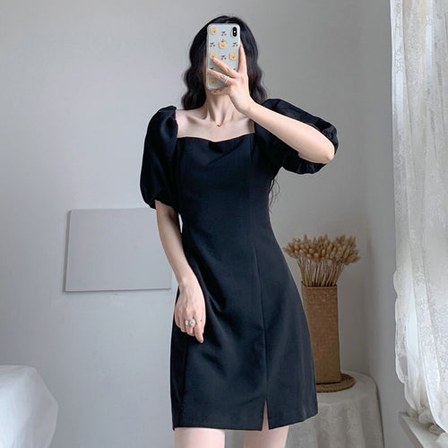 Summer Women Black Dresses Short Puff Sleeve Square-Cut Collar Straight One Piece Female Classical Hipline Length Robe Plus Size