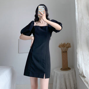 Summer Women Black Dresses Short Puff Sleeve Square-Cut Collar Straight One Piece Female Classical Hipline Length Robe Plus Size