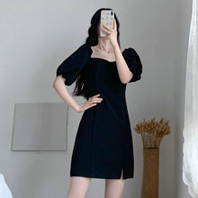 Load image into Gallery viewer, Summer Women Black Dresses Short Puff Sleeve Square-Cut Collar Straight One Piece Female Classical Hipline Length Robe Plus Size