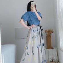 Load image into Gallery viewer, Summer Women Blue Blouse And Floral Skirt 2 Piece Suit Set Casual Top And Calf Length Skirt Twinset Korean Clothes Plus Size New