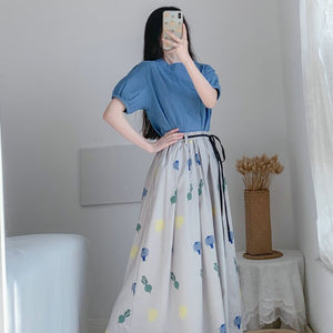 Summer Women Blue Blouse And Floral Skirt 2 Piece Suit Set Casual Top And Calf Length Skirt Twinset Korean Clothes Plus Size New