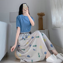 Load image into Gallery viewer, Summer Women Blue Blouse And Floral Skirt 2 Piece Suit Set Casual Top And Calf Length Skirt Twinset Korean Clothes Plus Size New