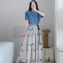 Load image into Gallery viewer, Summer Women Blue Blouse And Floral Skirt 2 Piece Suit Set Casual Top And Calf Length Skirt Twinset Korean Clothes Plus Size New