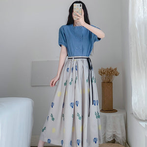 Summer Women Blue Blouse And Floral Skirt 2 Piece Suit Set Casual Top And Calf Length Skirt Twinset Korean Clothes Plus Size New