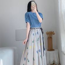 Load image into Gallery viewer, Summer Women Blue Blouse And Floral Skirt 2 Piece Suit Set Casual Top And Calf Length Skirt Twinset Korean Clothes Plus Size New