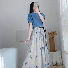 Load image into Gallery viewer, Summer Women Blue Blouse And Floral Skirt 2 Piece Suit Set Casual Top And Calf Length Skirt Twinset Korean Clothes Plus Size New