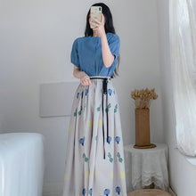 Load image into Gallery viewer, Summer Women Blue Blouse And Floral Skirt 2 Piece Suit Set Casual Top And Calf Length Skirt Twinset Korean Clothes Plus Size New