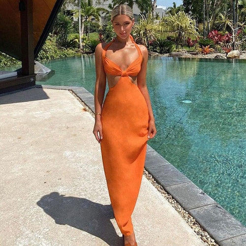 Summer Women Bodycon Halter Dress Long Midi Vintage Backless Elegant Birthday Party Dress Outfits Sexy Club Clothes Vestido Robe
