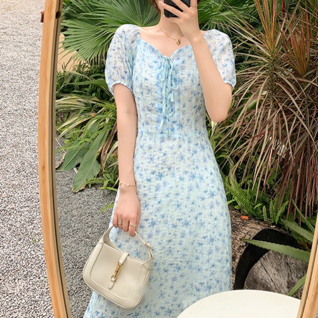 Summer Women Elegant Fashion A-line Print Robe Short Puff Sleeve Sexy V-neck Chiffon Dress Sweet Female DrawString Vestido Mujer