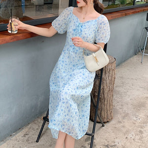 Summer Women Elegant Fashion A-line Print Robe Short Puff Sleeve Sexy V-neck Chiffon Dress Sweet Female DrawString Vestido Mujer