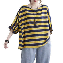 Load image into Gallery viewer, Summer Women Harajuku Striped Tshirt Short Sleeve O-Neck T-Shirts Vintage Cotton Linen Half Sleeve Ruffle Loose Casual Tops